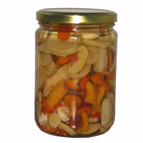 Eingelegte Pilze, Pilze in Essig, gesalzene Pilze, konservierte Pilze in SO2